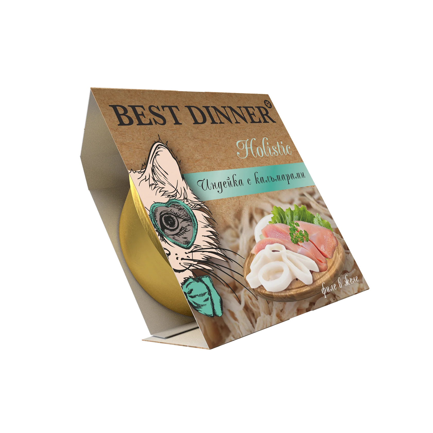 Best Dinner Holistic, влажный корм для стерилизованных котов и кошек, мясные волокна в желе со вкусом индейки с кальмарами, 75 гр