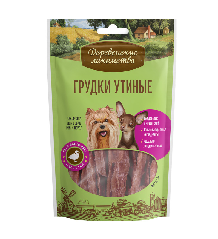 Деревенские лакомства. Грудки утиные д/мини-пород 55гр.(100/кор)
