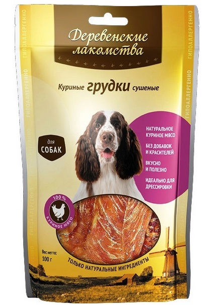 Деревенские лакомства.  Куриные грудки сушеные д/собак, 90 г. (80/кор)