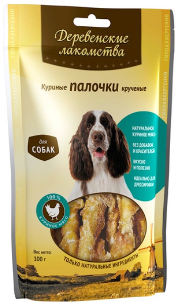 Деревенские лакомства. Куриные палочки крученые д/собак 90 гр.(80/кор)