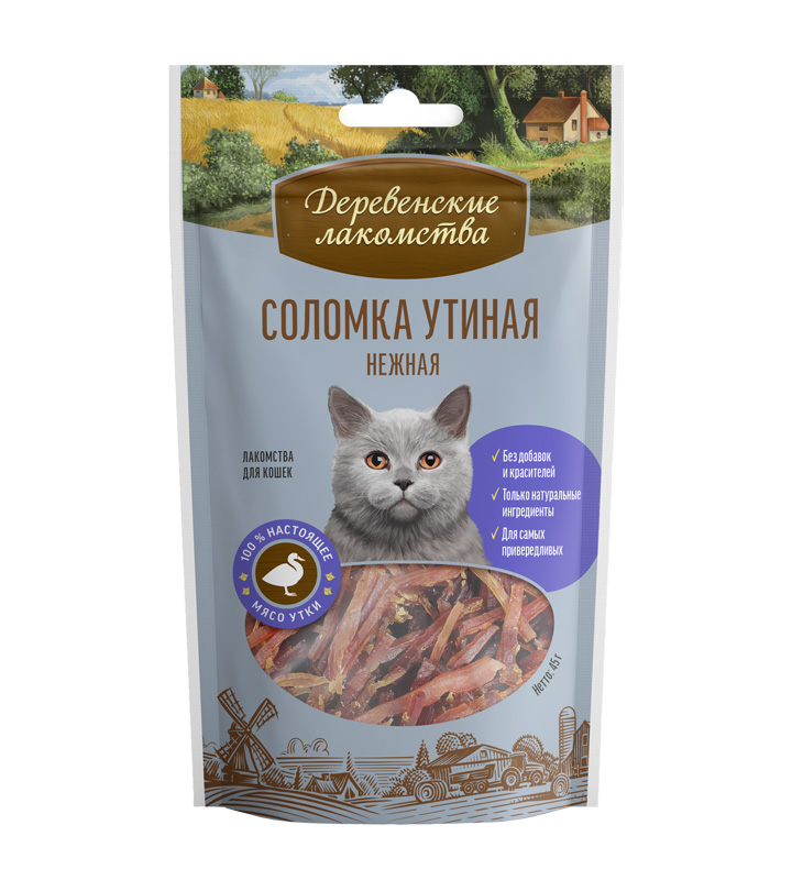 Деревенские лакомства. соломка для кошек, утиная нежная, 45 гр