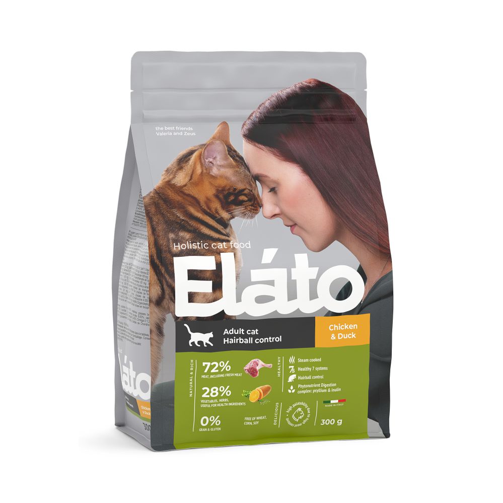 Elato Holistic сухой корм для взрослых кошек для выведения шерсти с курицей и уткой, 300 г