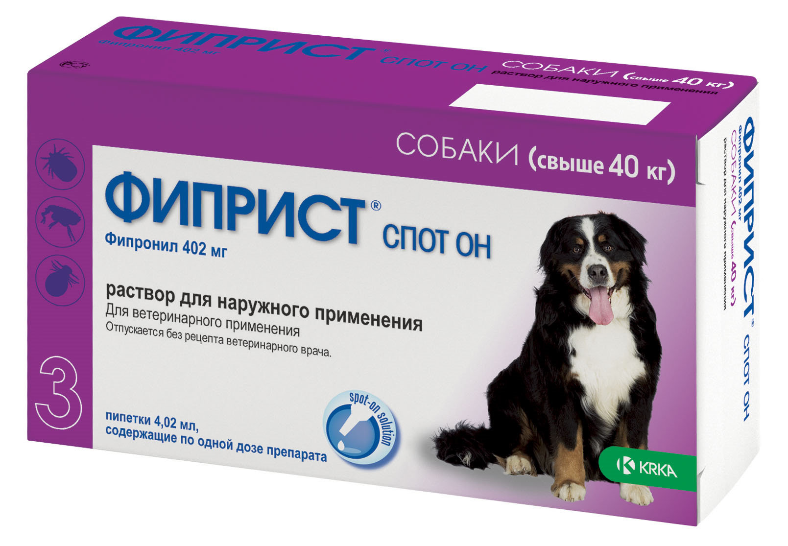 KRKA Фиприст Спот он капли для собак, от 40кг, 4,02 мл, 3 пип.