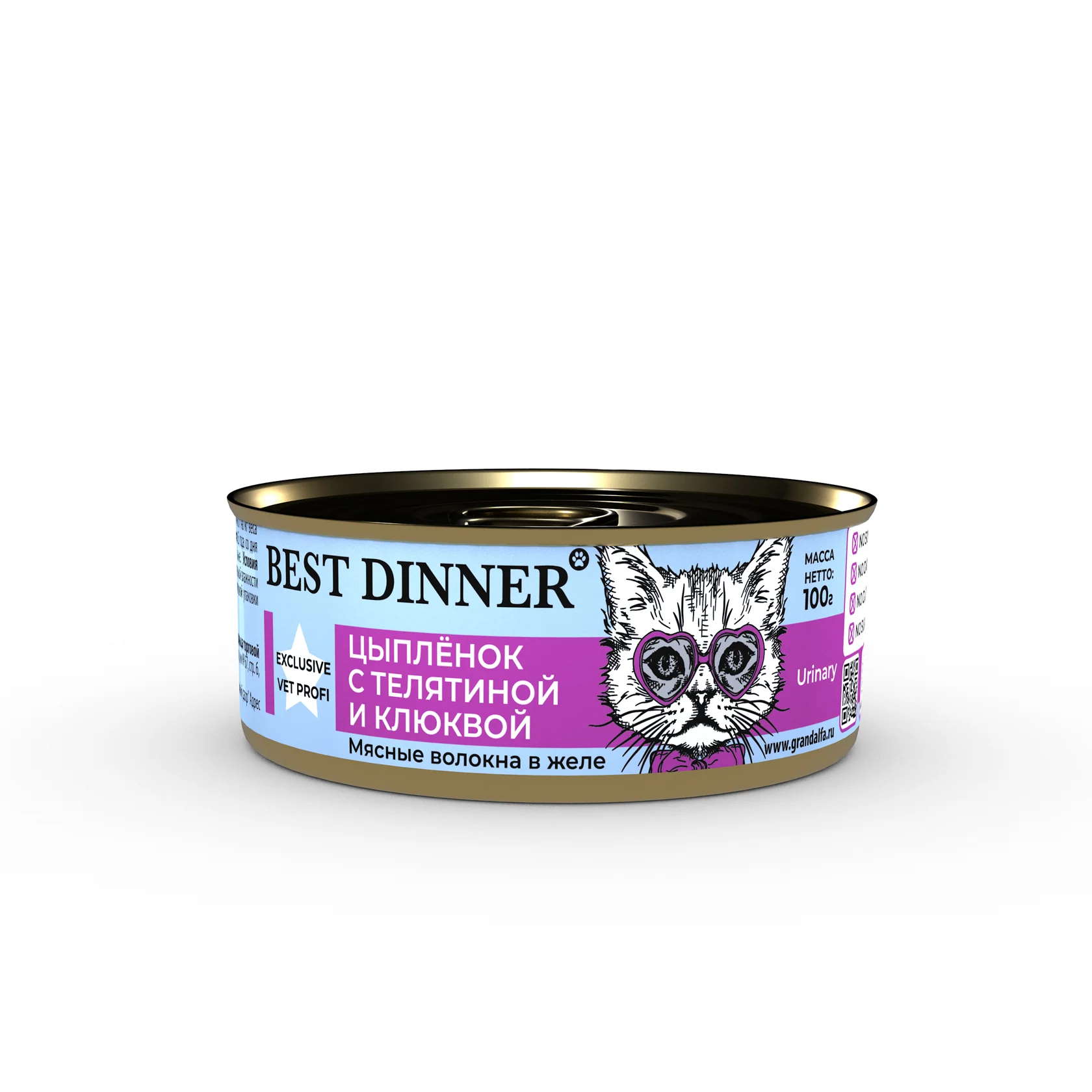 Best Dinner Эксклюзив Vet Profi URINARY влажный корм для кошек при мочекаменных заболеваниях с цыпленком, телятиной и клюквой, 100 гр