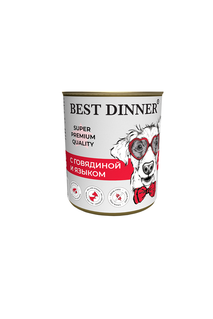 Best Dinner Мясные делик. для собак -Консервы Super Premium "С говядиной и языком" - 0,34 кг/4478