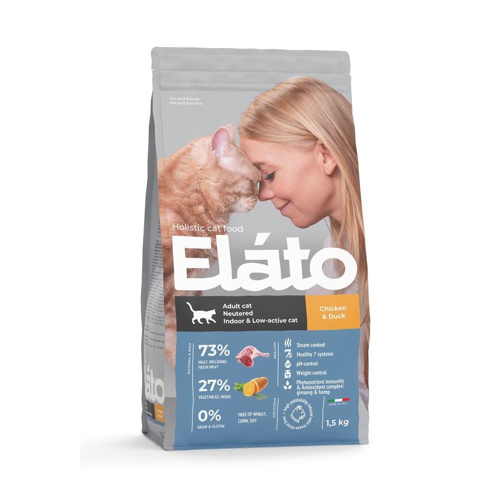 Elato Holistic сухой корм для кастрированных котов, стерилизованных и малоактивных кошек со вкусом курицы и утки, 1,5 кг