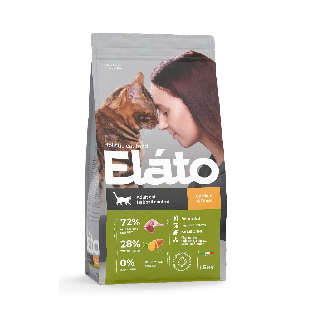Elato Holistic сухой корм для взрослых кошек  для выведения шерсти с курицей и уткой, 1,5 кг