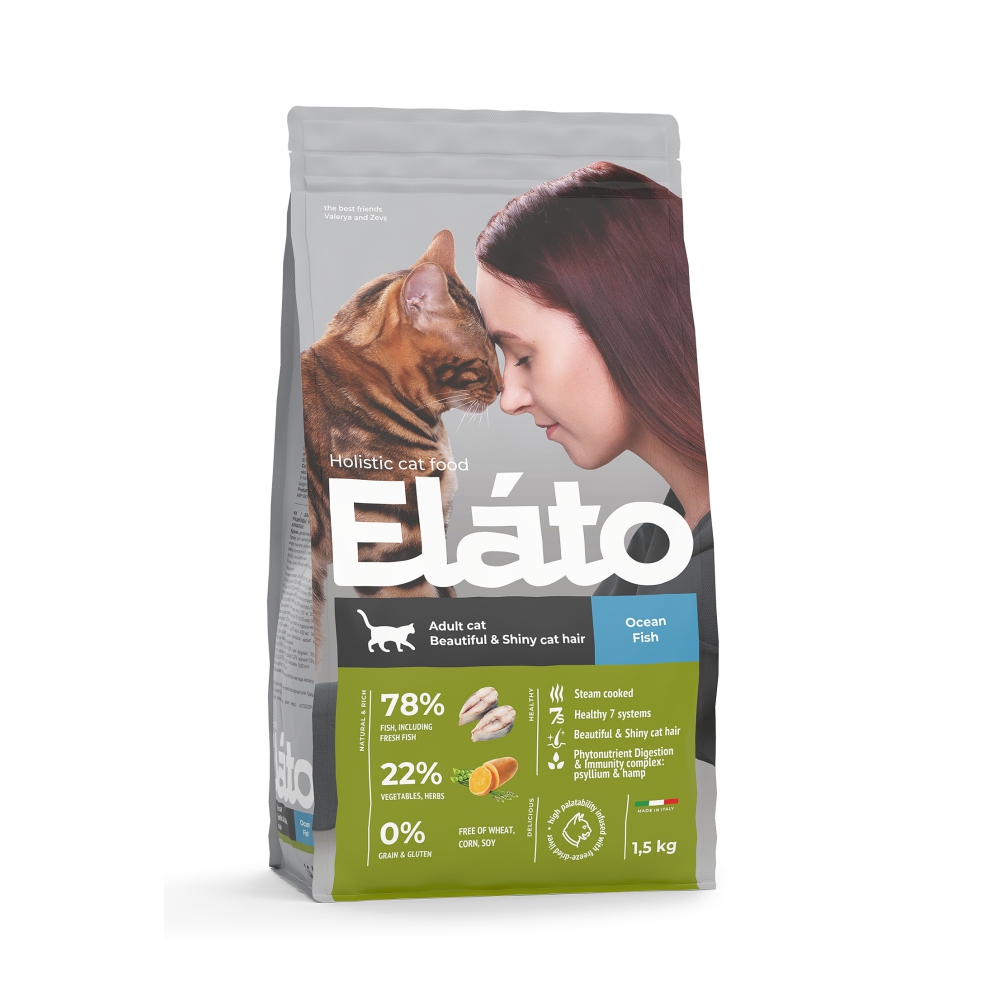 Elato Holistic сухой корм для взрослых кошек для красивой и блестящей шерсти с рыбой, 1,5 кг