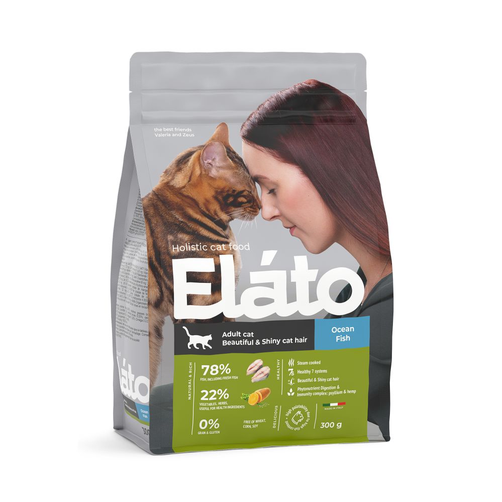 Elato Holistic сухой корм для взрослых кошек  для красивой и блестящей шерсти с рыбой, 300 г