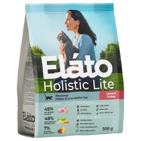 Elato Holistic Lite сухой корм для кастрированных и стерилизованных, домашних и малоактивных кошек с ягненком и индейкой, 0,3 кг