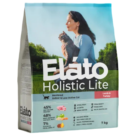 Elato Holistic Lite сухой корм для кастрированных и стерилизованных, домашних и малоактивных кошек с ягненком и индейкой, 7 кг