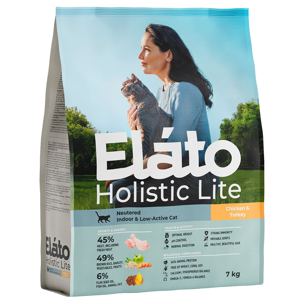Elato Holistic Lite сухой корм для кастрированных и стерилизованных, для домашних малоактивных кошек с курицей и индейкой, 7 кг