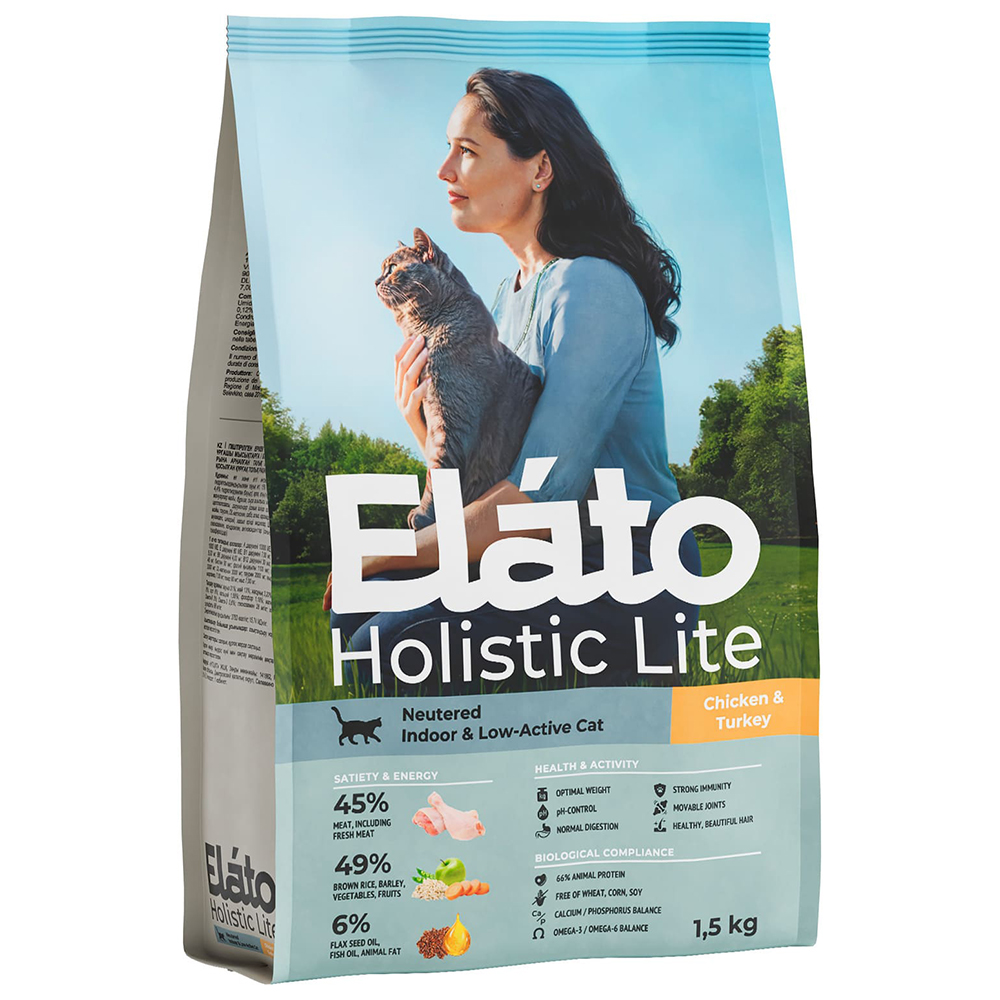 Elato Holistic Lite сухой корм для кастрированных и стерилизованных, домашних и малоактивных кошек с курицей и индейкой, 1,5 кг