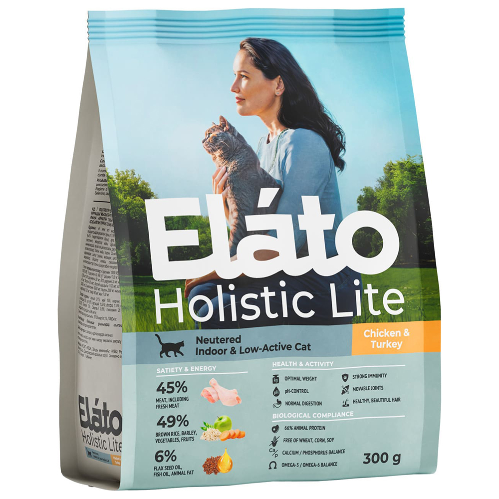 Elato Holistic Lite сухой корм для кастрированных и стерилизованных, домашних малоактивных кошек с курицей и индейкой, 300 гр