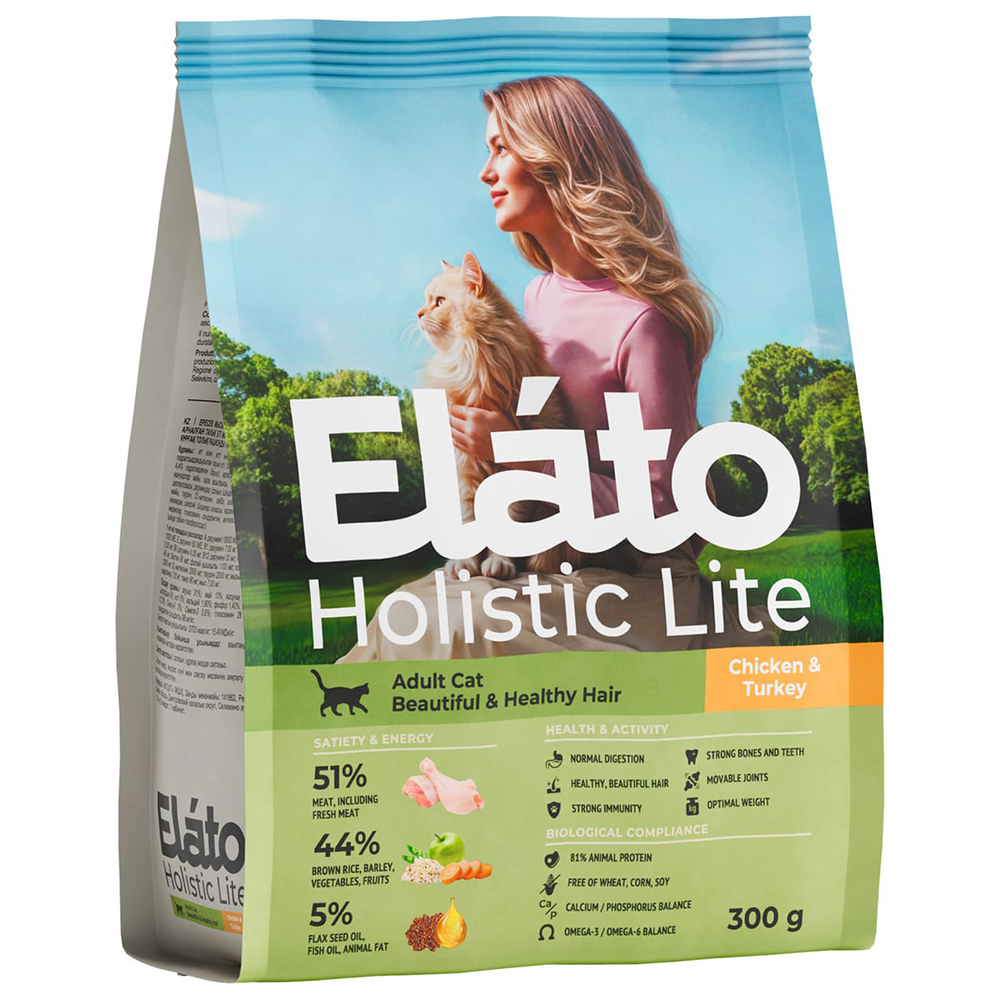 Elato Holistic Lite сухой корм для взрослых кошек для красивой и здоровой шерсти с курицей и индейкой, 300 гр
