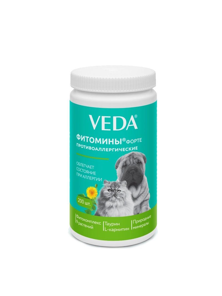 Фитомины Форте с фитокомплексом противоаллергические собакам и кошкам, 100 г , 200 таб.