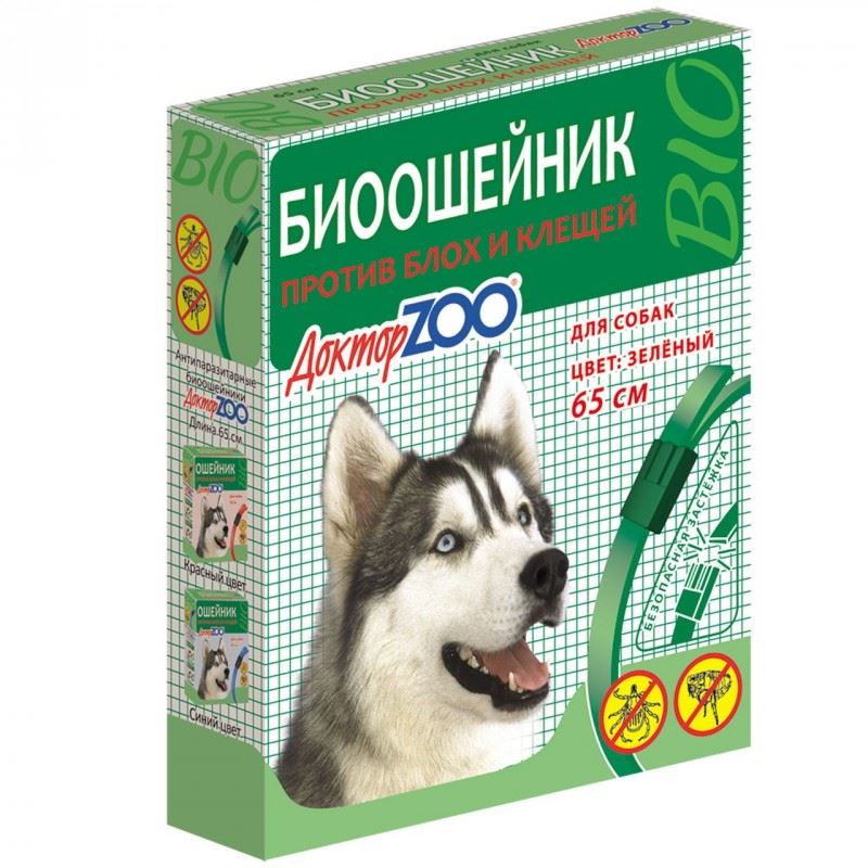 Ошейник Доктор ZOO Био Зеленый д/собак от блох/клещей 65см
