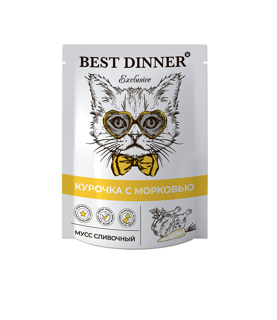 Best Dinner Exclusive влажный корм для кошек, мусс сливочный со вкусом курочки с морковью, 85 гр