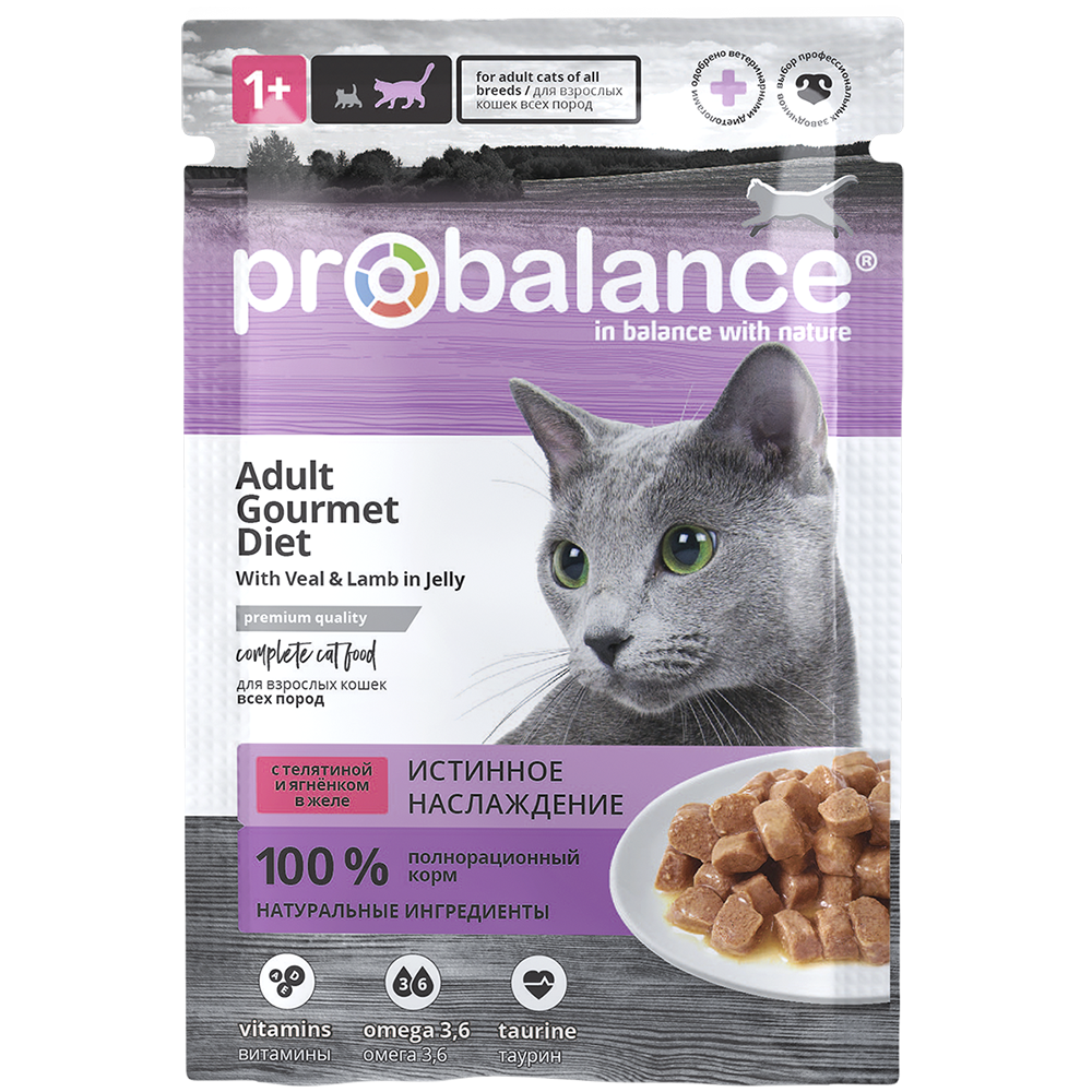 Probalance Adult Gourmet Diet, влажный корм для кошек c тунцом и лососем в соусе, 85 гр