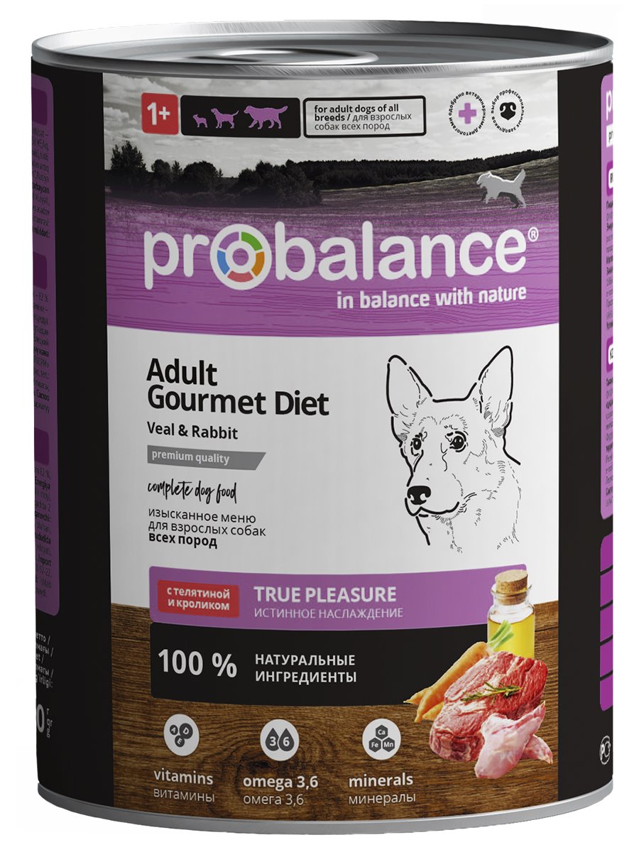 Probalance корм конс. Adult Gourmet Diet для взр. собак с телятиной и кроликом, 850г (12/кор)