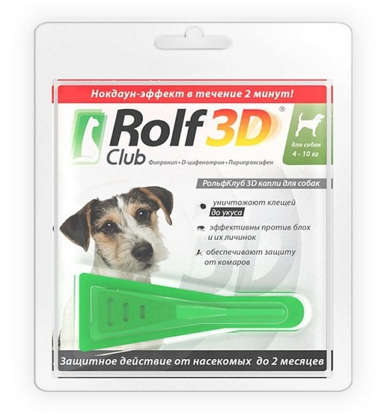 Rolf Club 3D Капли от блох, клещей, комаров д/собак 4-10кг 1 пип.