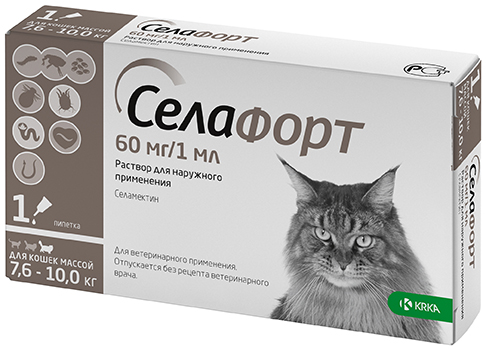 KRKA Селафорт капли для кошек 7,6-10 кг, 60мг,1 мл.