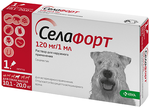 KRKA Селафорт капли для собак 10,1-20 кг, 120 мг, 1 мл.