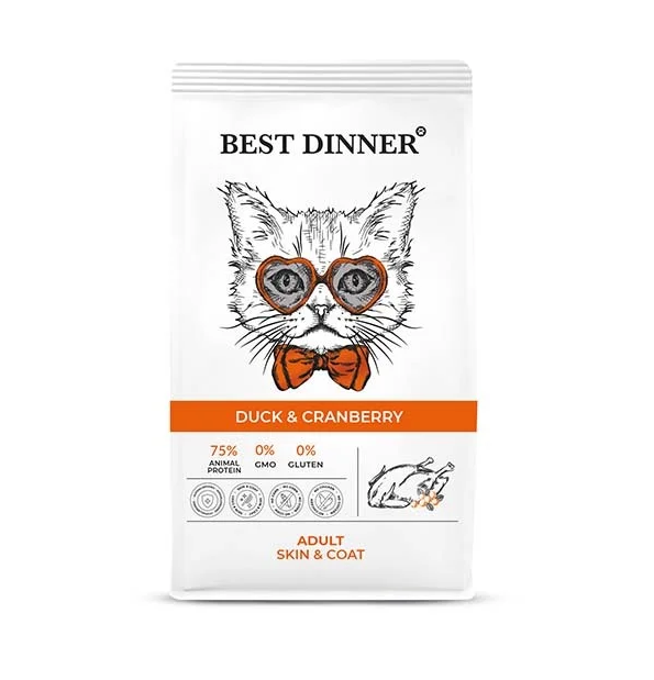 Best Dinner Эдалт сухой корм для кошек для ухода за кожей и шерстью со вкусом утки и клюквы, 1,5 кг
