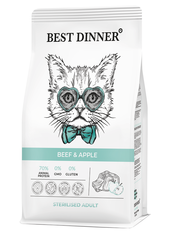 Best Dinner полнорационный сухой корм для стерилизованных котов и кошек со вкусом говядины и яблока, 1,5 кг