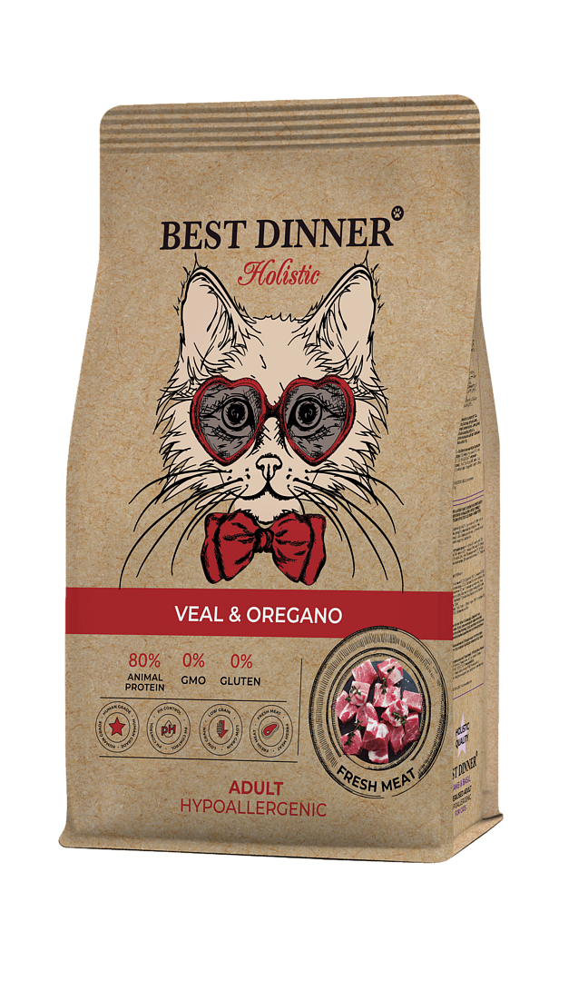 Best Dinner Холистик полнорационный гипоаллергенный сухой корм для кошек со вкусом телятины и орегано, 1,5 кг