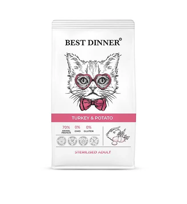 Best Dinner полнорационный сухой корм для стерилизованных котов и кошек со вкусом индейки и картофеля, 400 гр