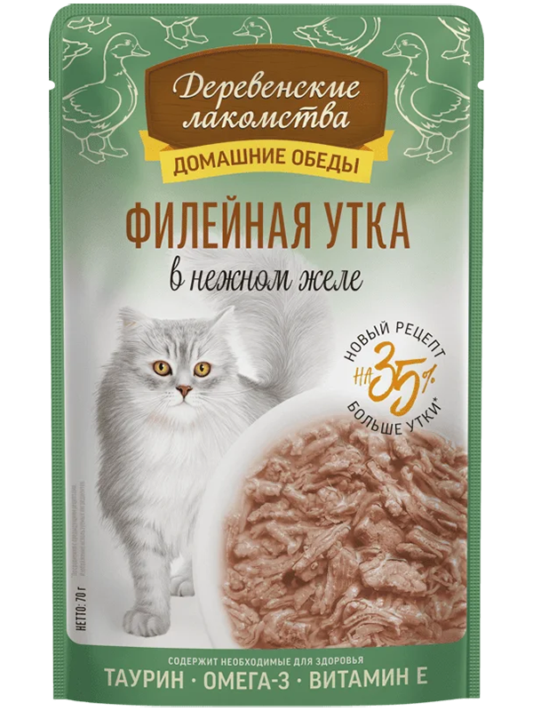 Деревенские лакомства, влажный корм для кошек, Филейная утка в нежном желе, 70 гр