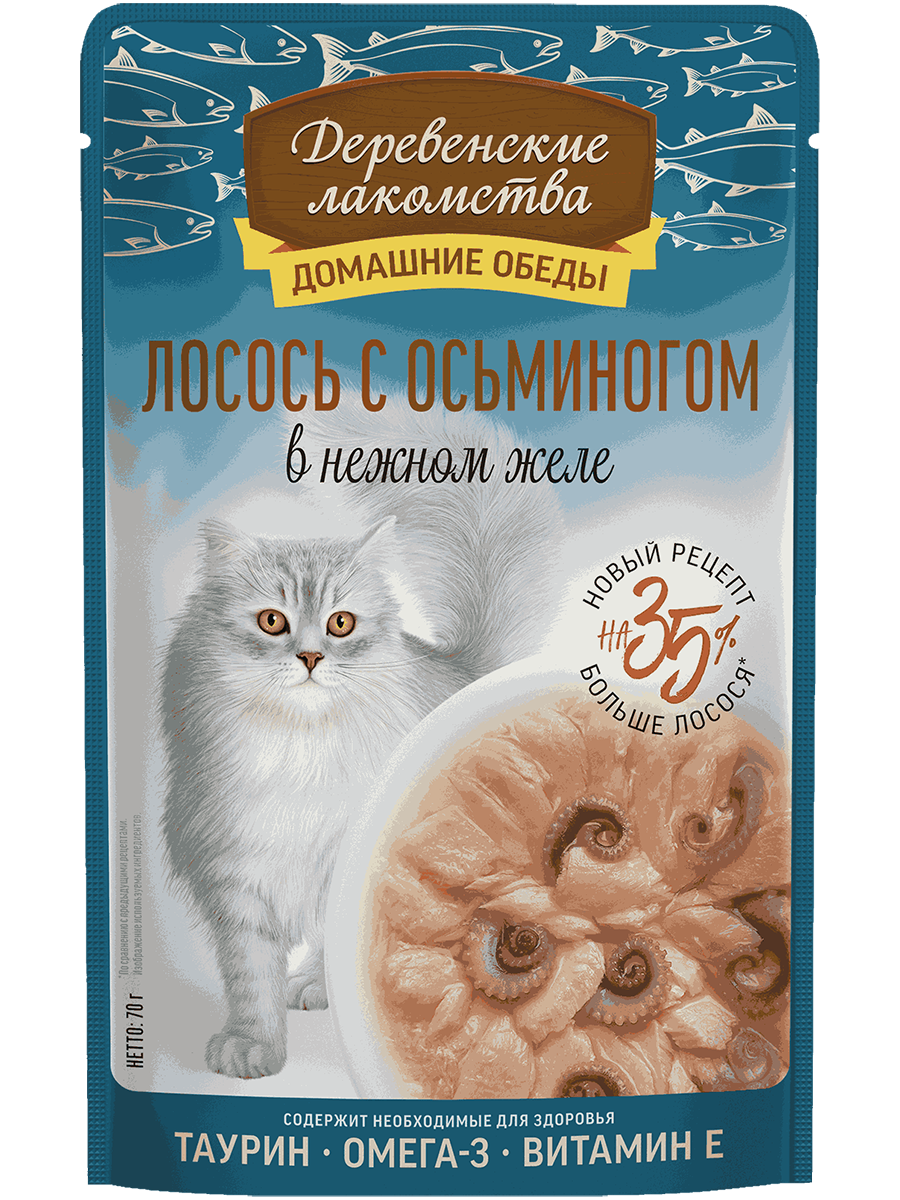 Деревенские лакомства конс. д/кошек «Лосось с осьминогом в нежном желе», пауч 70г (12/уп)