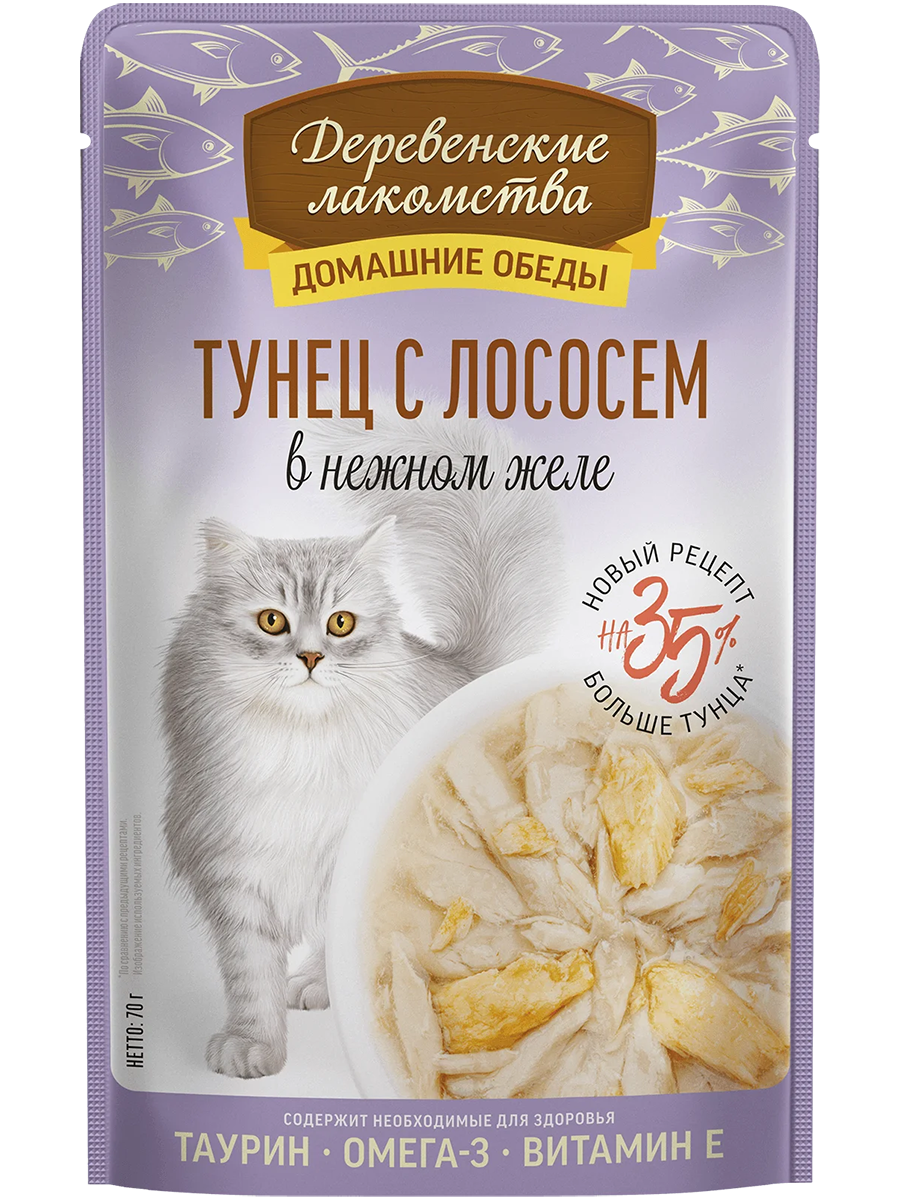 Деревенские лакомства, влажный корм для кошек, Тунец с лососем в нежном желе, 70 гр